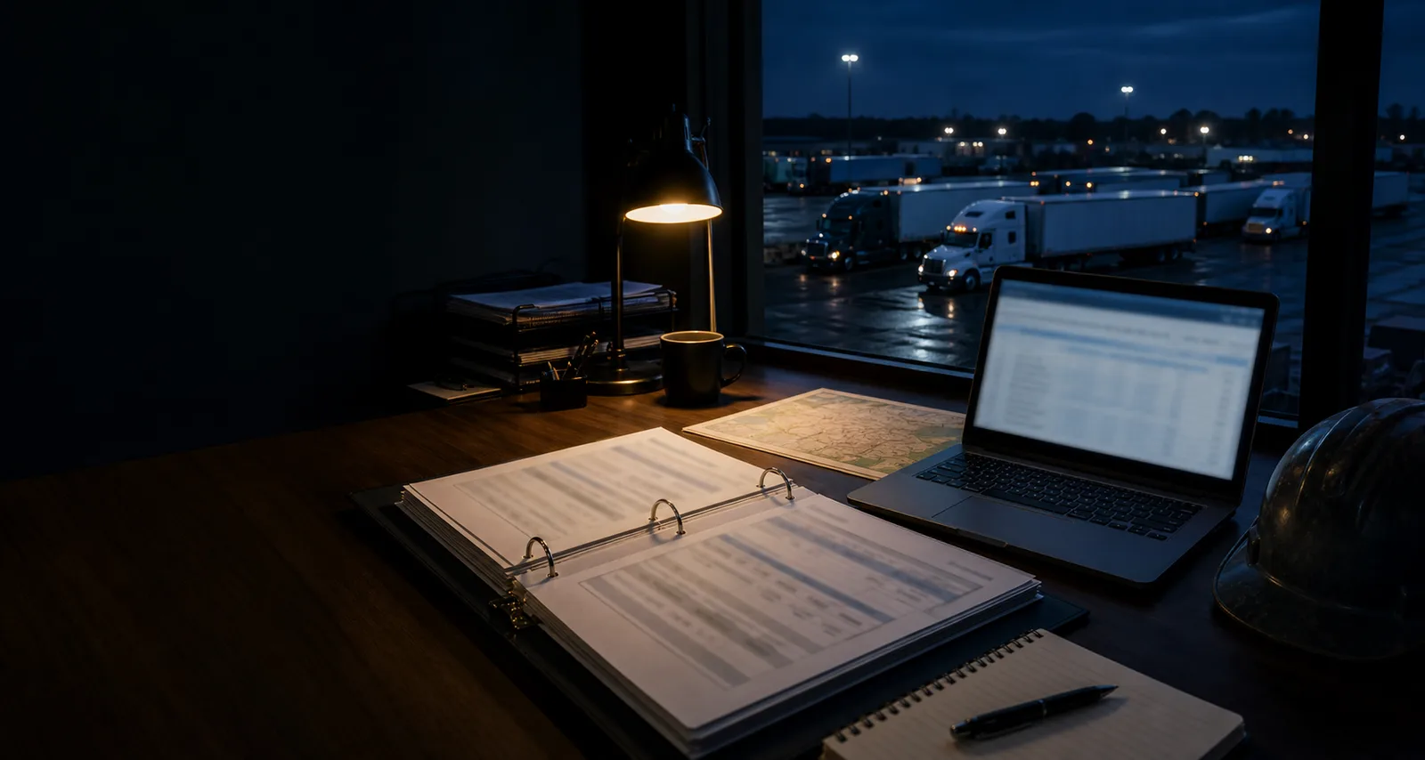 Carrier office at night — tender binder, data screen, truck yard outside
