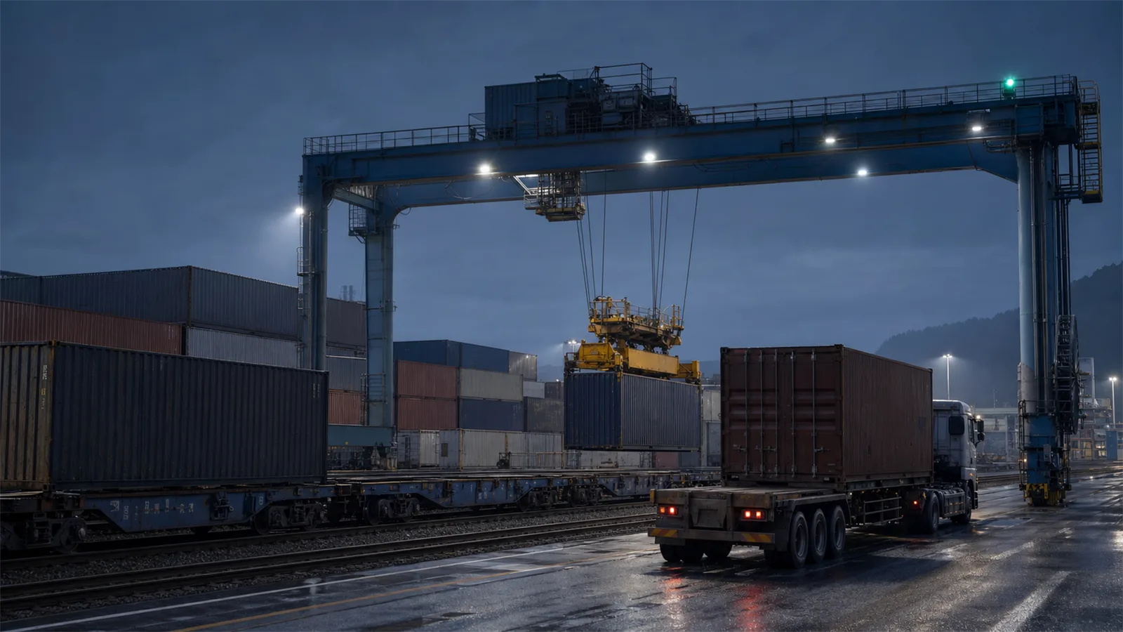 Intermodal rail terminal at blue hour