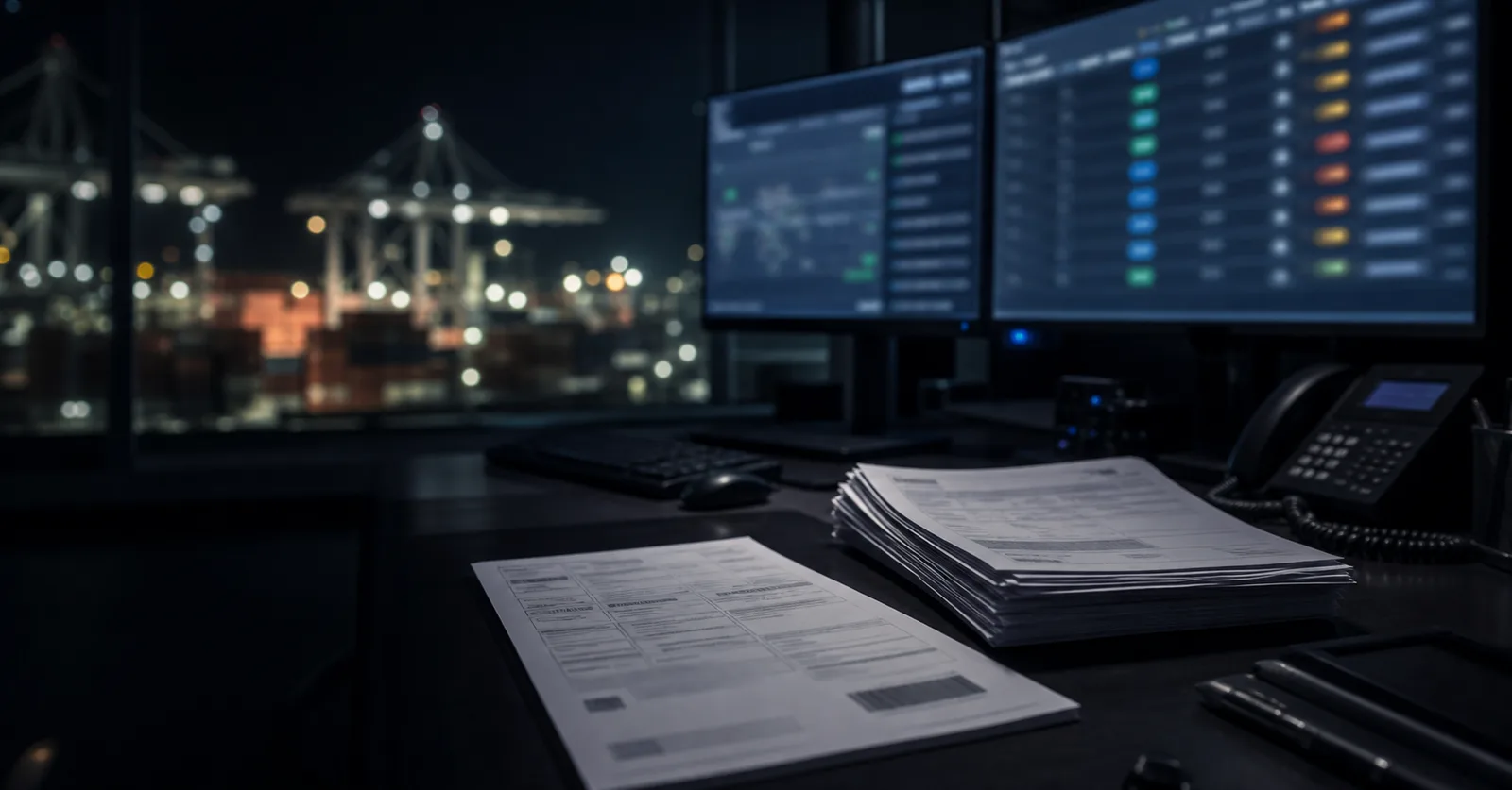 Forwarding desk at night — waybill stack and shipment board screens