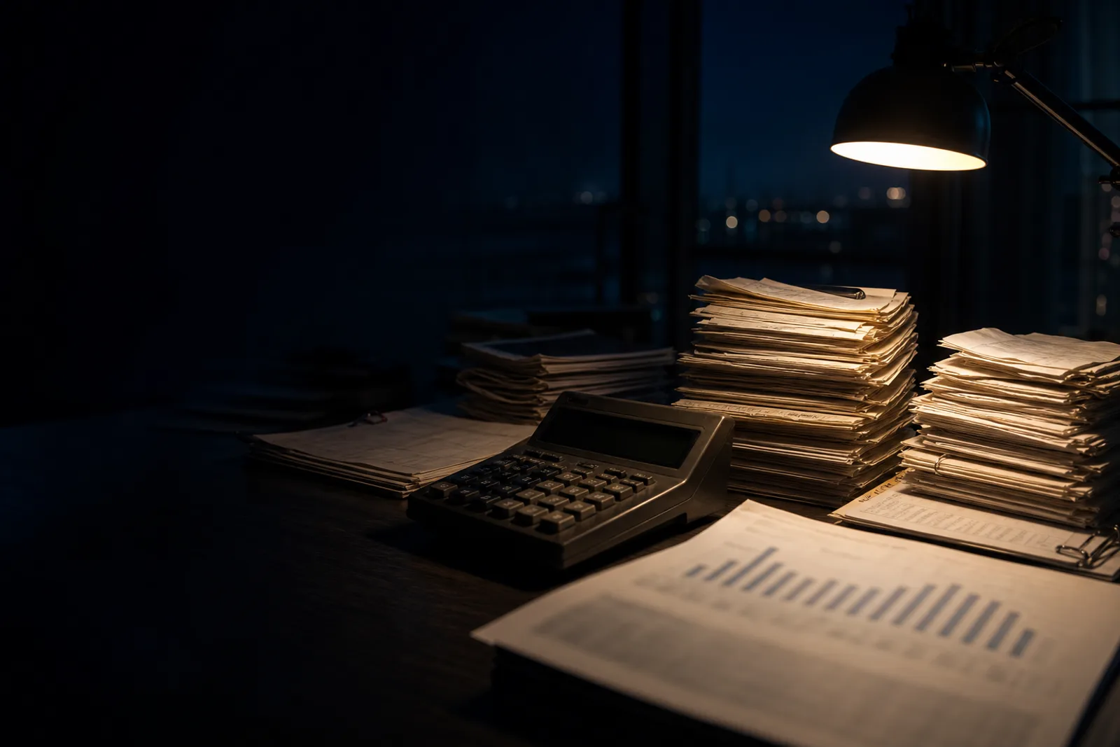 夜の経理デスクに積まれた燃料費領収書と旧式の電卓