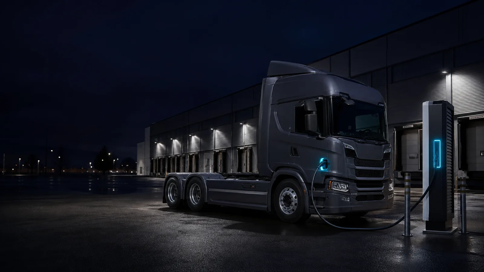 An electric truck charging at a logistics depot