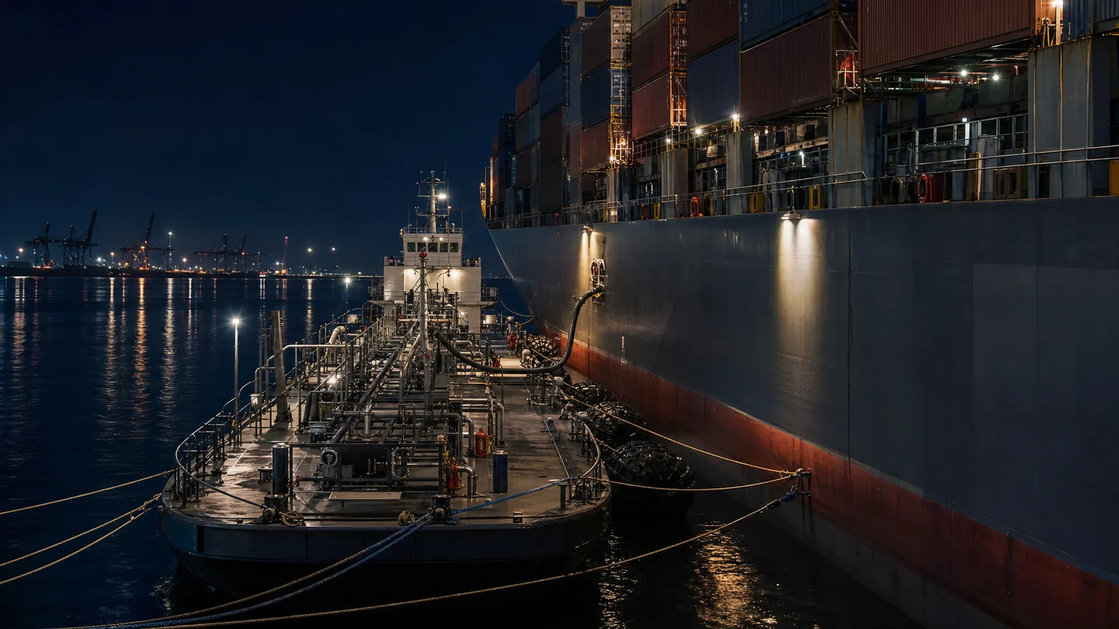 A vessel receiving lower-carbon marine fuel in port