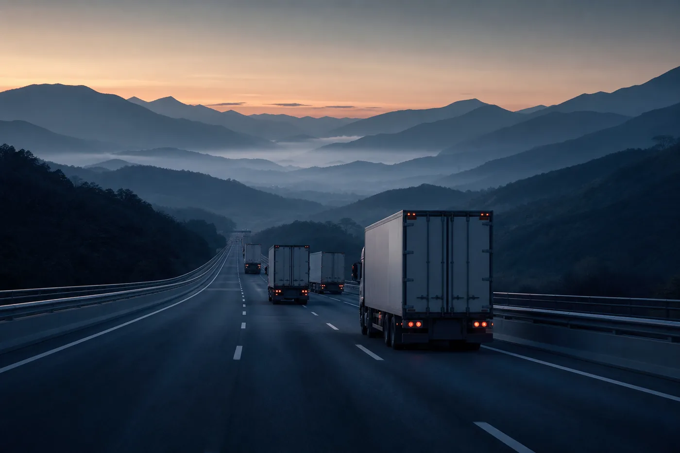 A convoy of freight trucks on a dawn expressway — a transport transformation at national scale