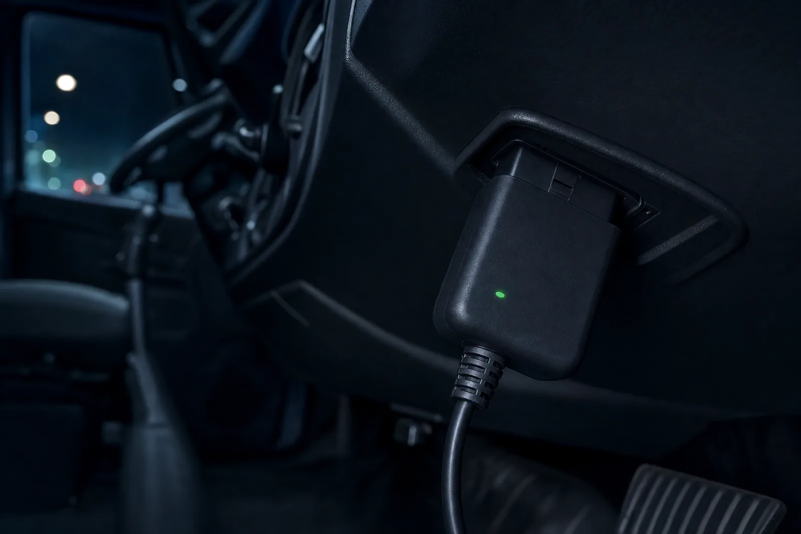 ダッシュボード下のOBD-IIポートに直結 — ステータスLED点灯