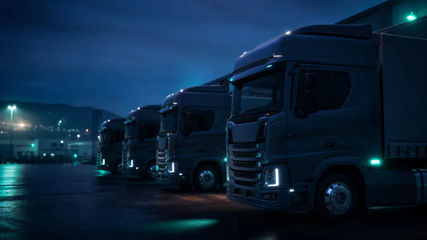 A fleet of freight trucks lined up at a logistics terminal in the blue hour