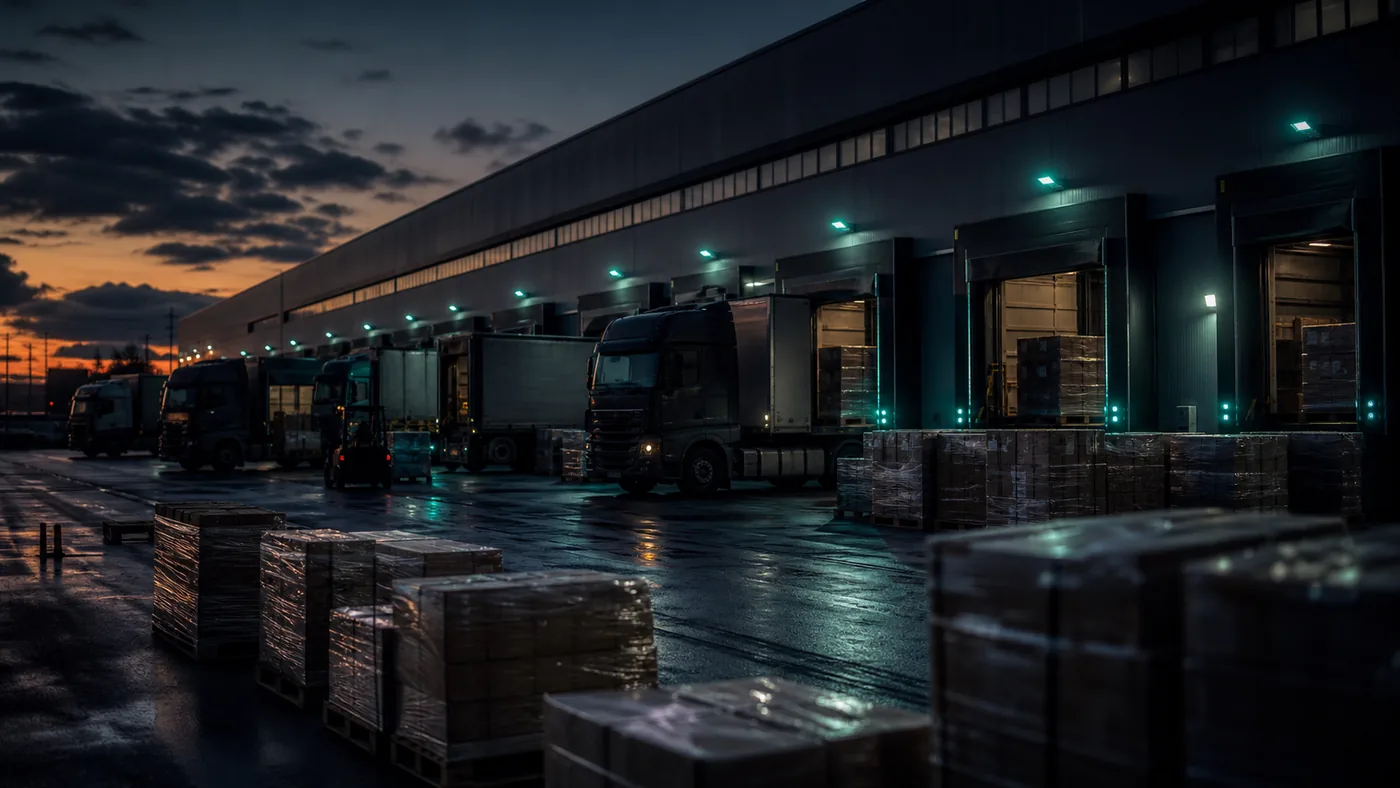 Palletized freight awaiting dispatch at a distribution-center dock